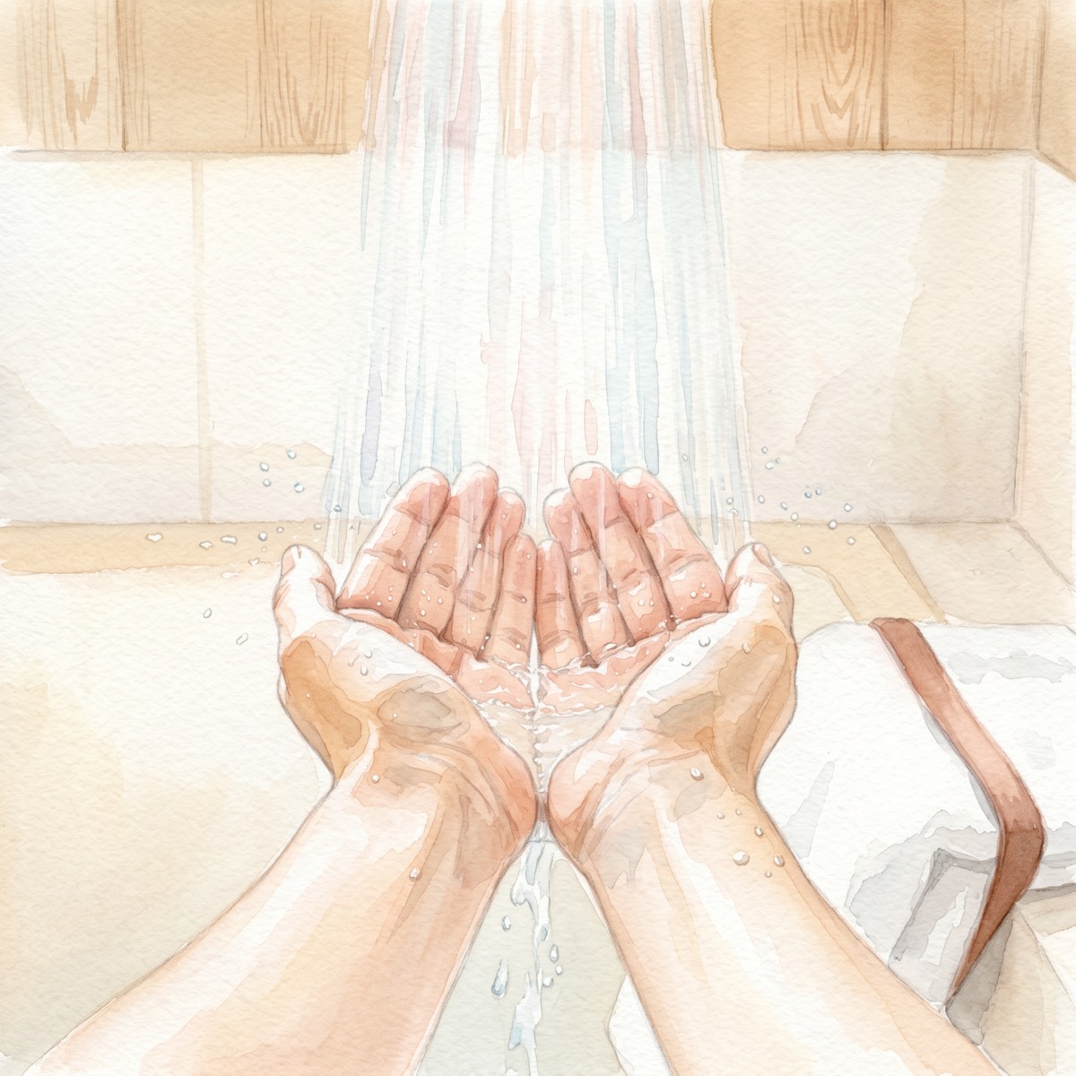 シャワーの水を両手で受ける水彩の絵